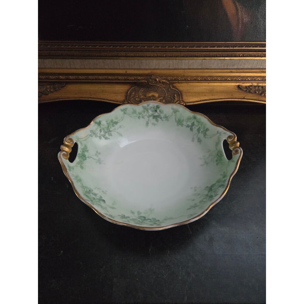 Antique Moritz MZ Austria Green Floral Porcelain Serving Bowl Handles 1890s 10"